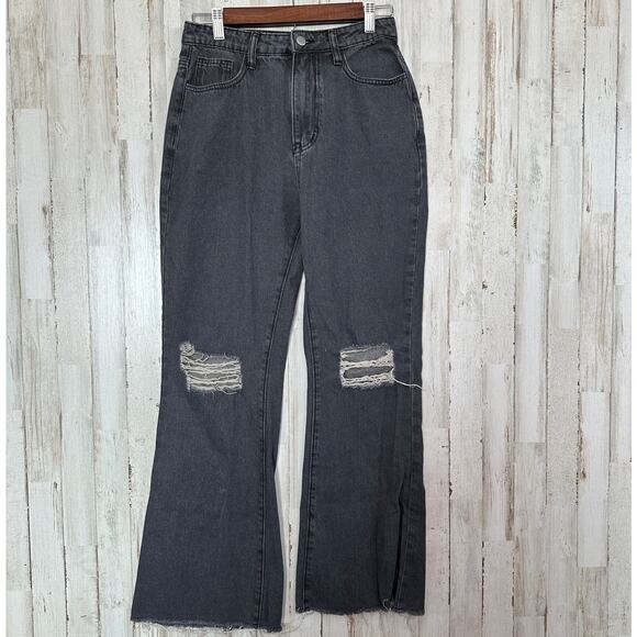 Cider Flare Leg Jeans Small Black Distressed Raw Hem Boho Grunge Classic Denim - Picture 1 of 9